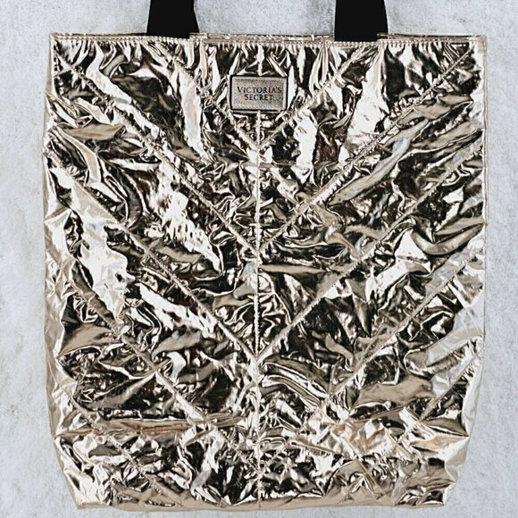 Victoria's Secret Metallic Rose Gold Chevron Tote Weekender Shopper Bag - Picture 9 of 10